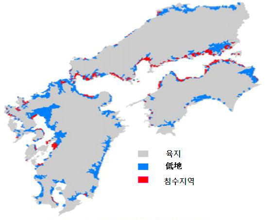 2100년의 서일본 해일침수지역 예측결과