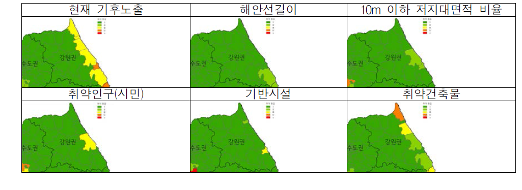 강원권 해수면상승 취약성 세부지표별 분석결과