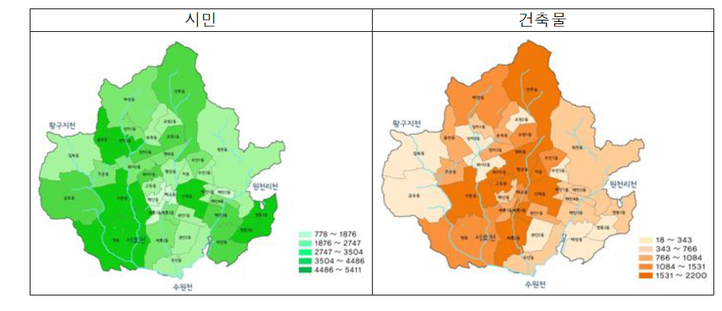 수원시 홍수취약 시민 및 건축물 분포