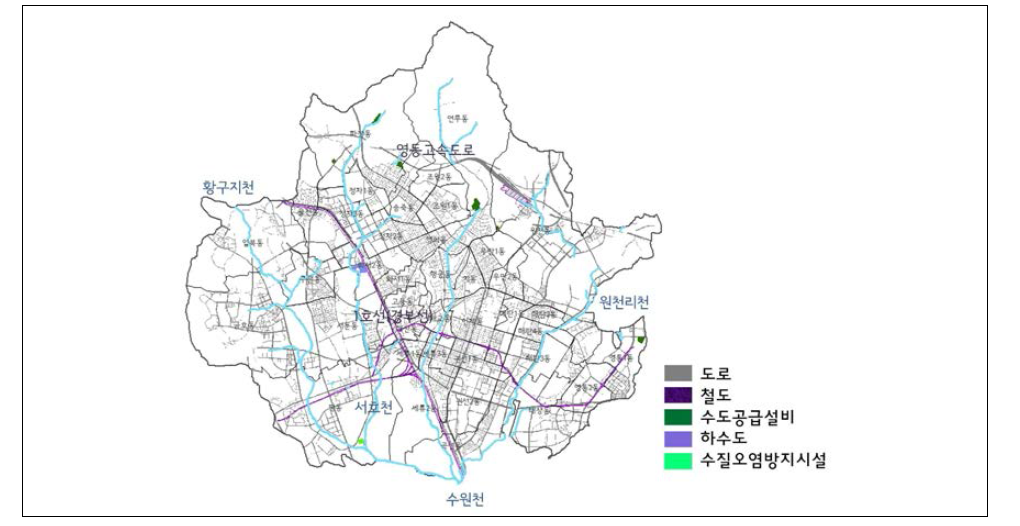 수원시 홍수취약 도시기반시설 분포