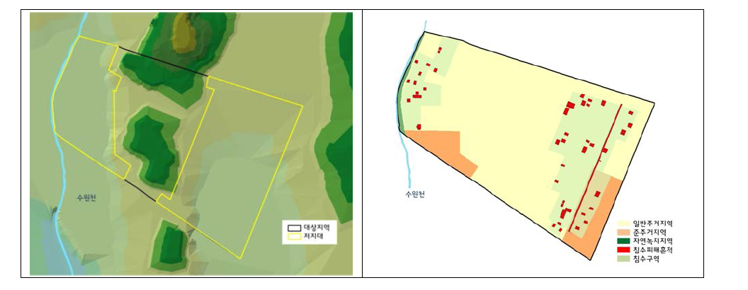 사업대상구역 내 지형적 저지대(좌)및 용도지역(우)분석 결과