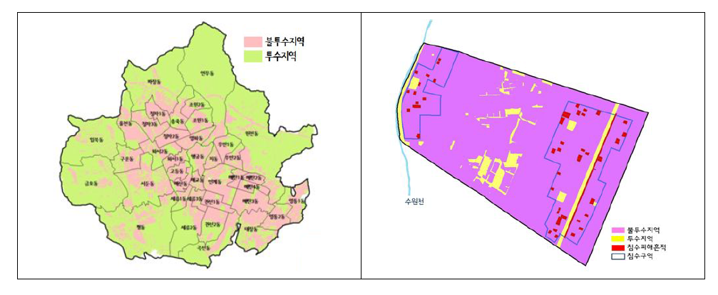 수원시(좌)및 사업대상구역(우)내 불투수지역 현황