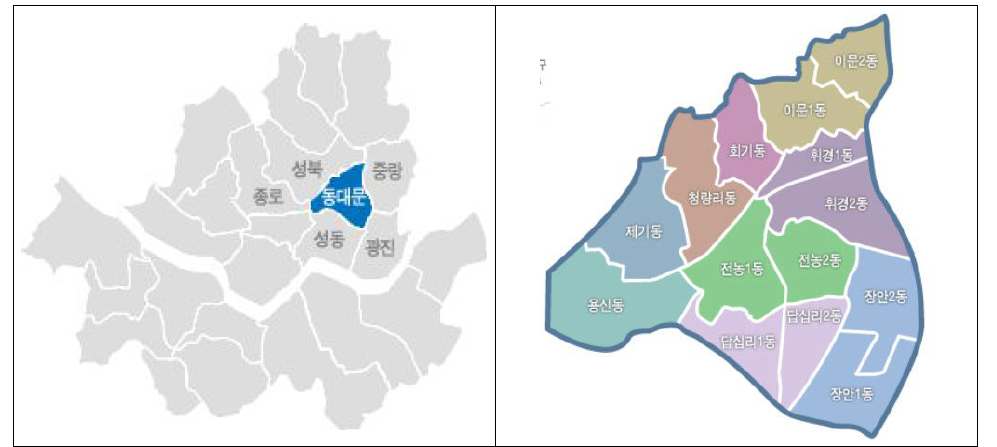 서울시 동대문구 위치도 및 행정구역도