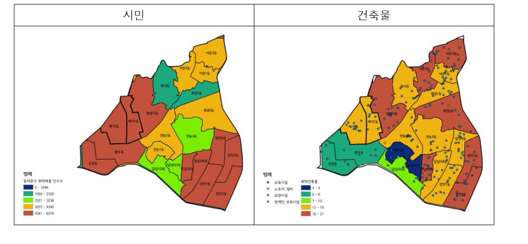 동대문구 폭염취약 시민 및 건축물 분포