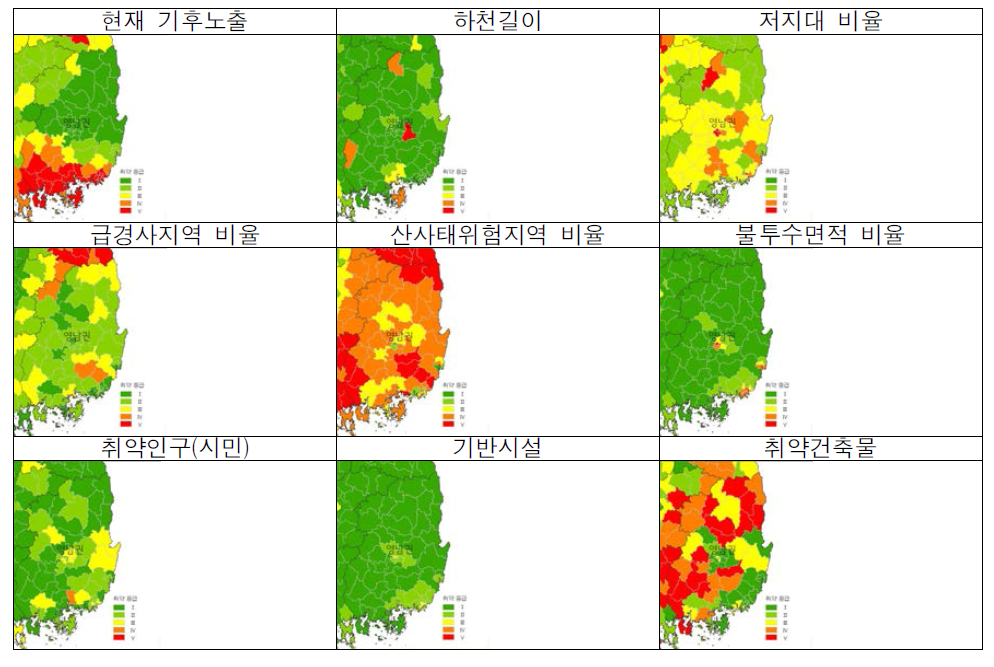 영남권 홍수 취약성 세부지표별 분석결과