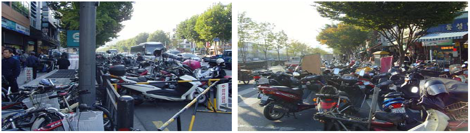평화시장 주변의 오토바이 불법주차 실태