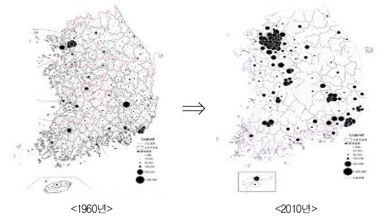 1960~2010년 간 인구분포 변화