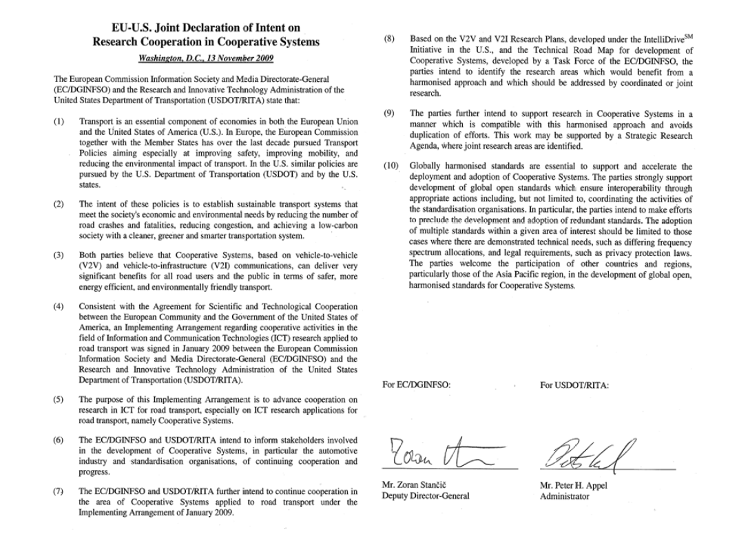 미국-유럽간 C-ITS 연구협력에 관한 공동 의향서