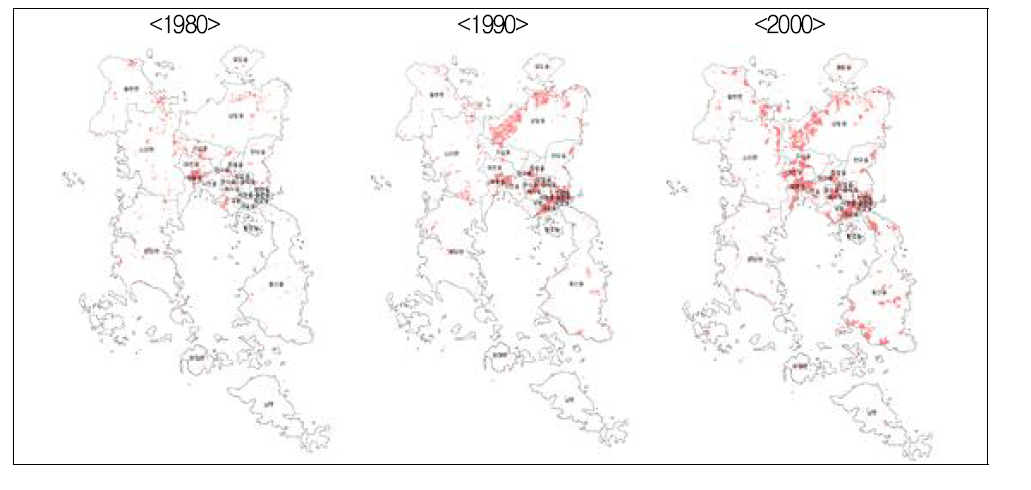 여수의 시가화지역 변화(1980～2000)