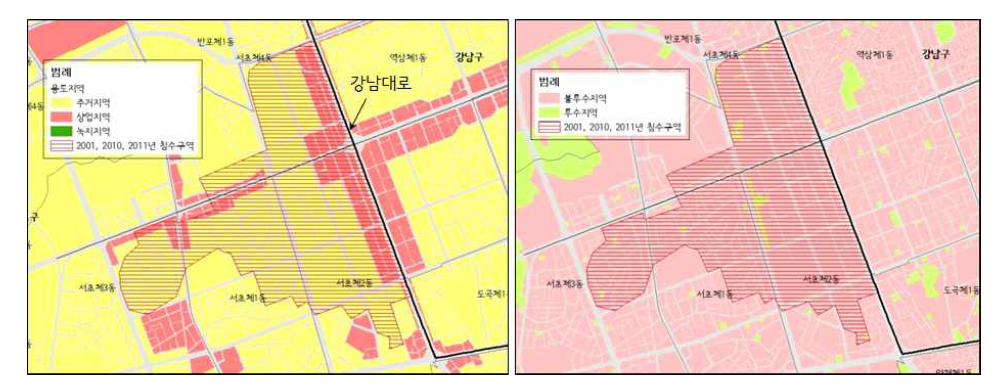 강남역 주변 침수피해지역 용도지역 및 불투수지역 현황