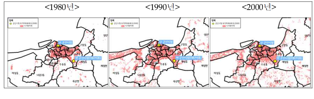 군산시 시가화지역 변화(1980-2000)