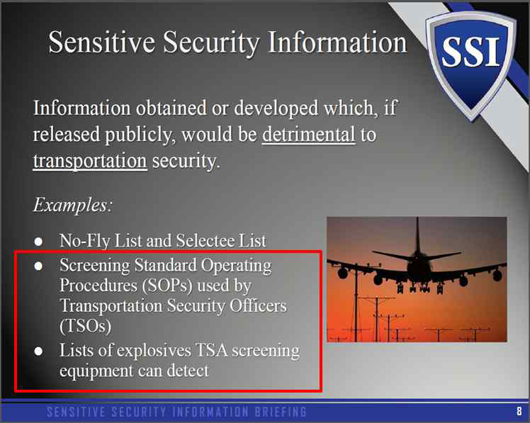 TSA의 SSI 관리 브리프 중 대외비자료의 예