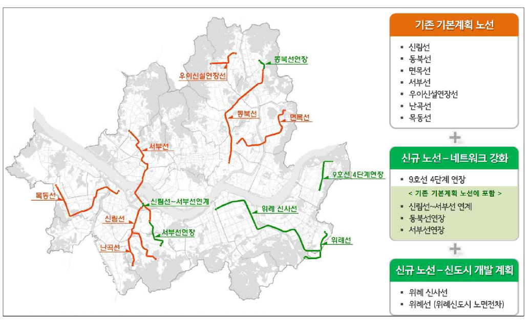 서울시 10개년 도시철도 기본계획 선정노선