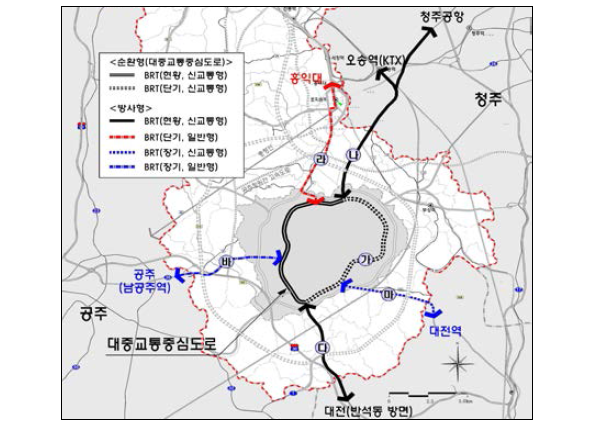 세종시 BRT 현황 및 계획 노선도