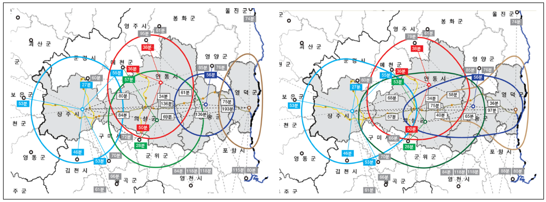 동서4축 고속도로 개통 전(좌)과 후(우) 주변 지역의 시간 거리(45분) 변화