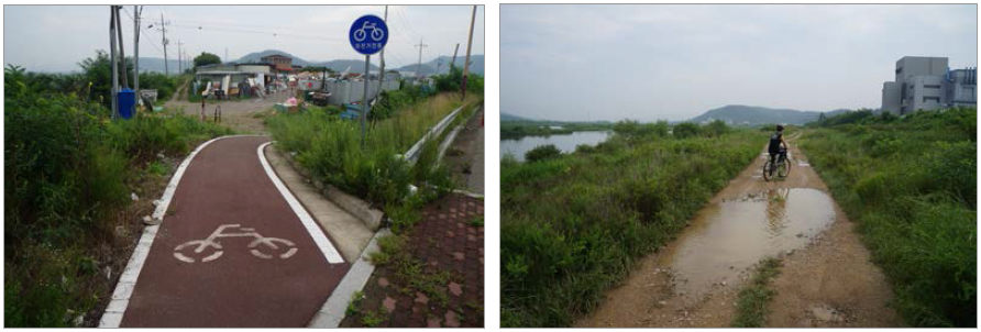 하천 주변 도로 현황 : 자전거도로 단절 및 비포장길로 통행이 어려움