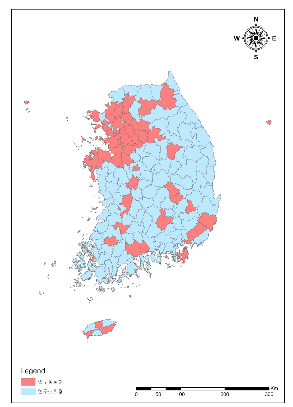 인구의 성장과 쇠퇴에 따른 해당 지자체 분포현황