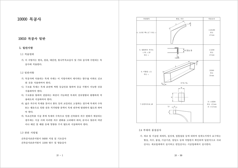 건축공사표준시방서의 목공사 방법 일부 내용