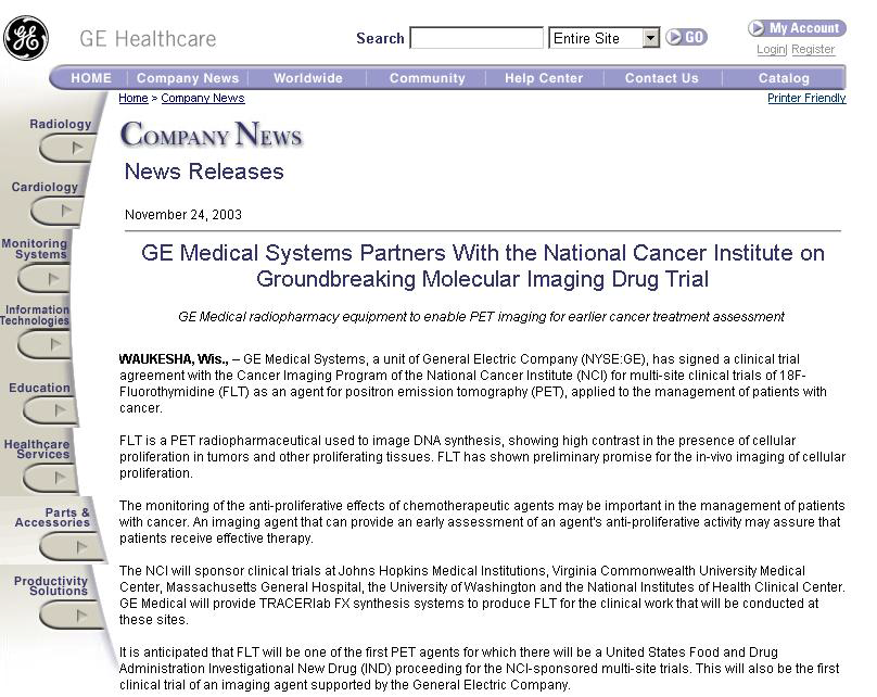 GE사가 미국의 NCI와 병원들에게 분자영상용 스마트 프로브 지원을 발표한 news