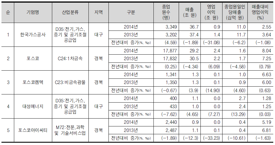 대구/경북(대경) 권역의 매출 상위 5위 기업개요