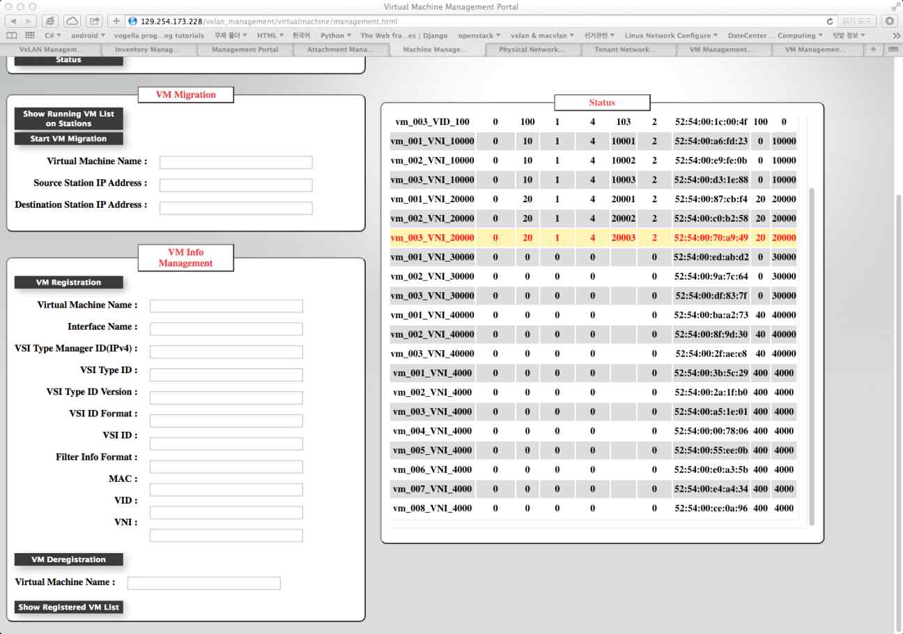 Web 기반 VXLAN Management Portal VM 관리 화면