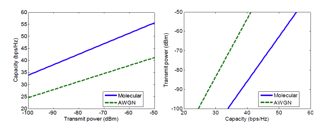 분자통신과 AWGN 채널 용량 비교