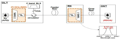 25 GHz-spaced DWDM-PON 실험 셋업