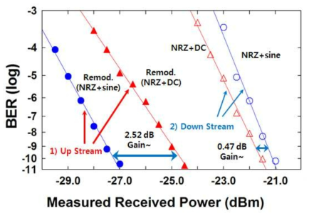 RSOA를 이용한 재변조 구조 결과, 상, 하향 신호의 BER