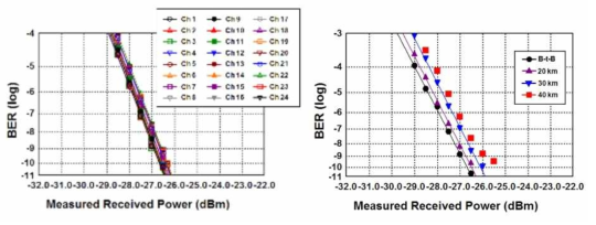 (a) 24 채널 20 km 전송 결과 (b) 전송 거리에 따른 BER 성능