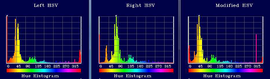 좌우영상의 Hue Histogram과 우영상 Hue 보정결과