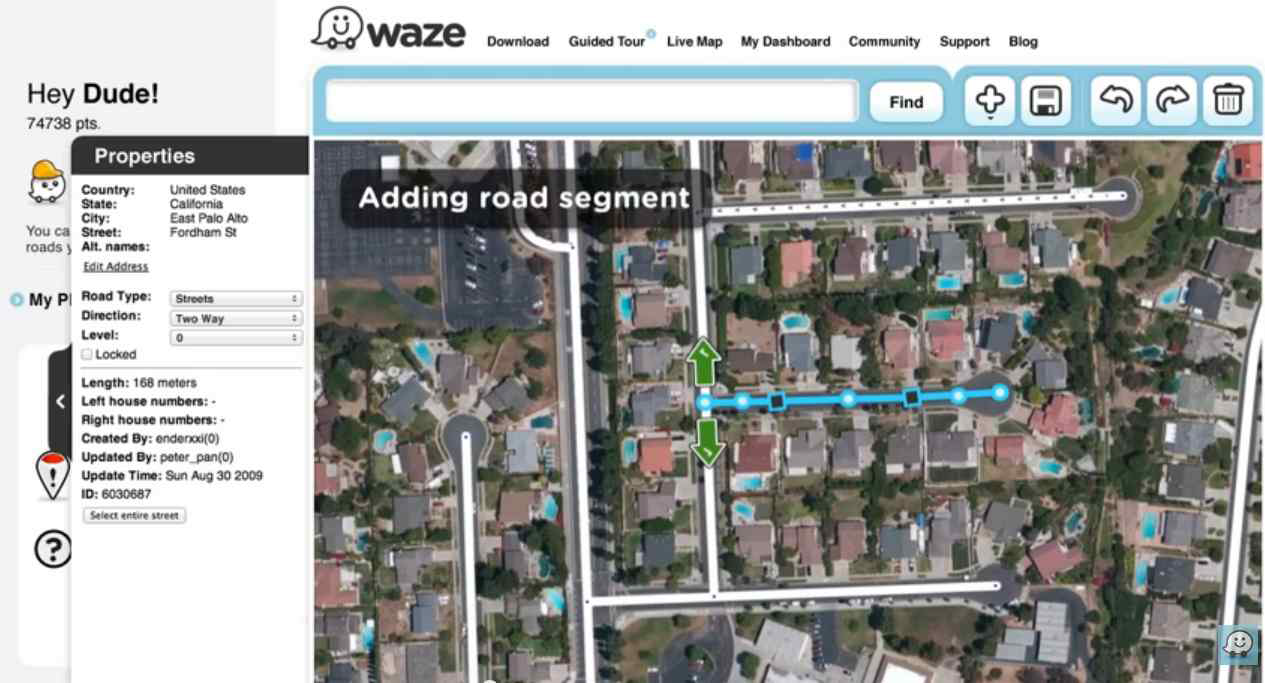 WAZE map editor의 편집 과정 예시