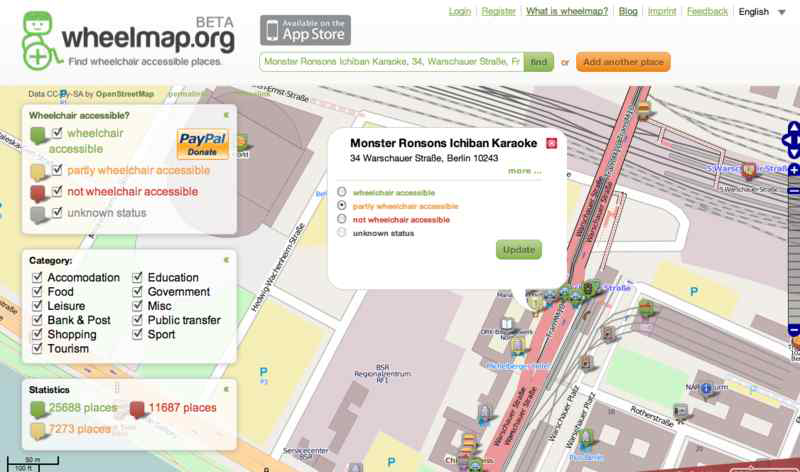 Wheelmap을 이용하여 휠체어 이용자의 POI 접근성 정보를 등록하는 화면