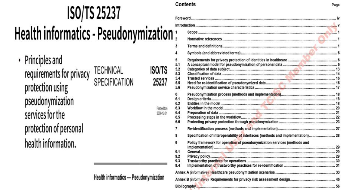 ISO/TS 25237 Health informatics – Pseudonumization 표준 문건에 관한 표지와 목차