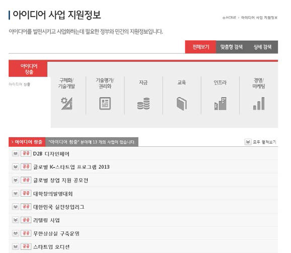 아이디어 사업 지원정보 전체보기 페이지 구성