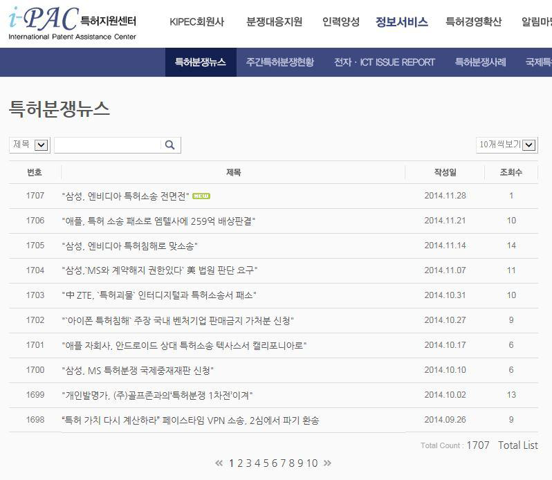 국내외 전자·ICT특허분쟁 관련 뉴스 제공 예시