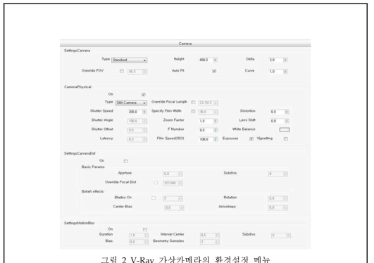 V-Ray 가상카메라의 환경설정 메뉴