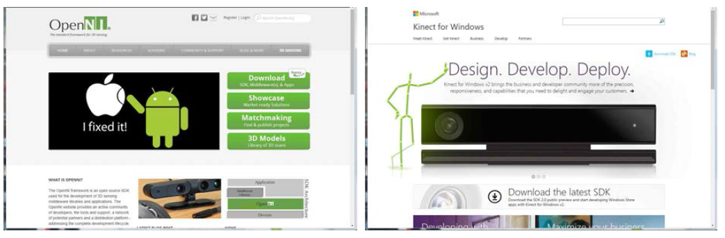 OpenNI 홈페이지(좌)와 Kinect SDK 홈페이지(우)
