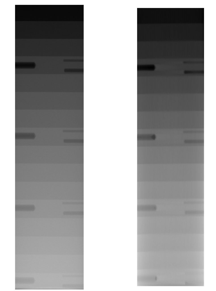 step wedge 팬텀 x-ray 영상(좌)과 512³ CT데이터로부터 DRR 시뮬레이션된 영상(우)