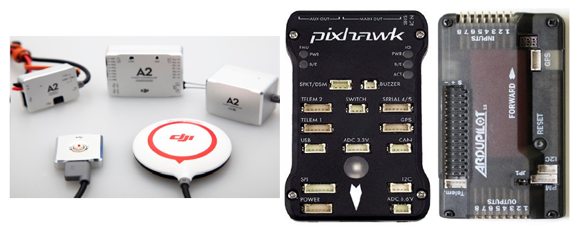 상용 비행제어시스템; (좌) DJI A2 (중) Pixhawk (우) APM 2.5