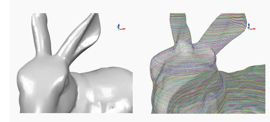 3D 형상 모델 표면에 슬라이싱 데이터 시각화 결과