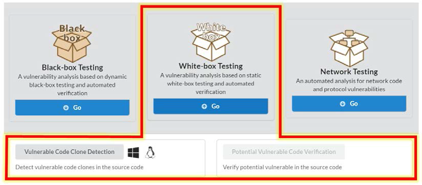 White-box testing 클릭시에 Vulnerable code Clone Detection 메뉴와 Potential Vulnerable Code Verification 메뉴