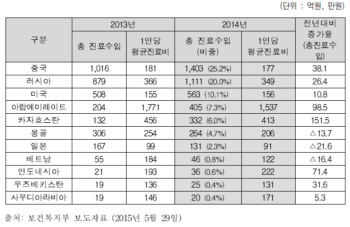 주요 국적별 진료수입 현황