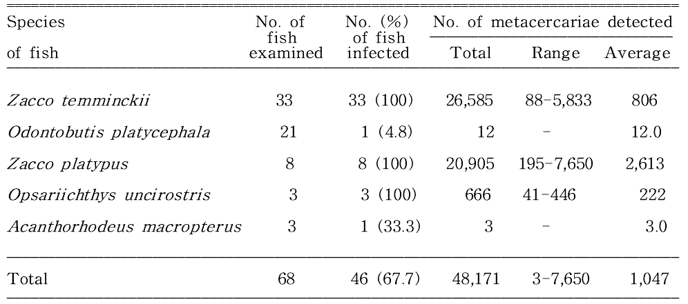 Infection status of Centrocestus armatus metacercariae by the species of fish from Gigyecheon, a branch of Hyeongsangang (River) located in Gyeongju-si, Korea