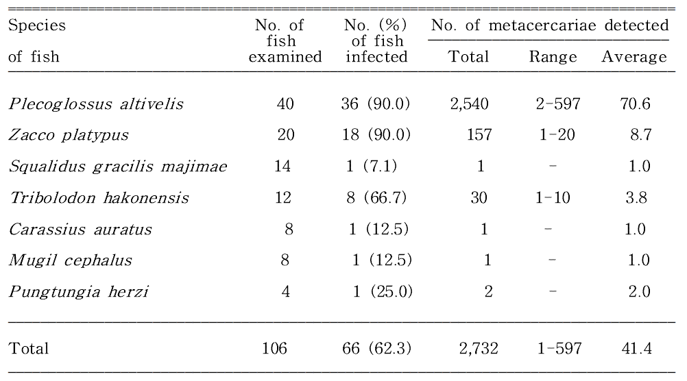 Infection status of Metagonimus spp. metacercariae in fishes from Osipcheon (Stream) in Yeongdeok-gun, Gyeongsangbuk-do