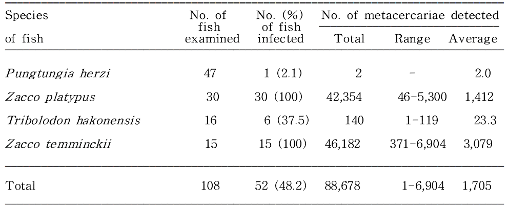 Infection status of Centrocestus armatus metacercariae in fishes from Wangpicheon (Stream) in Ulj in-gun, Gyeongsangbuk-do