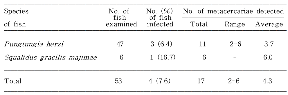 Infection status of Clinostomum complanatum metacercariae in fishes from Wangpicheon (Stream) in Ulj in-gun, Gyeongsangbuk-do