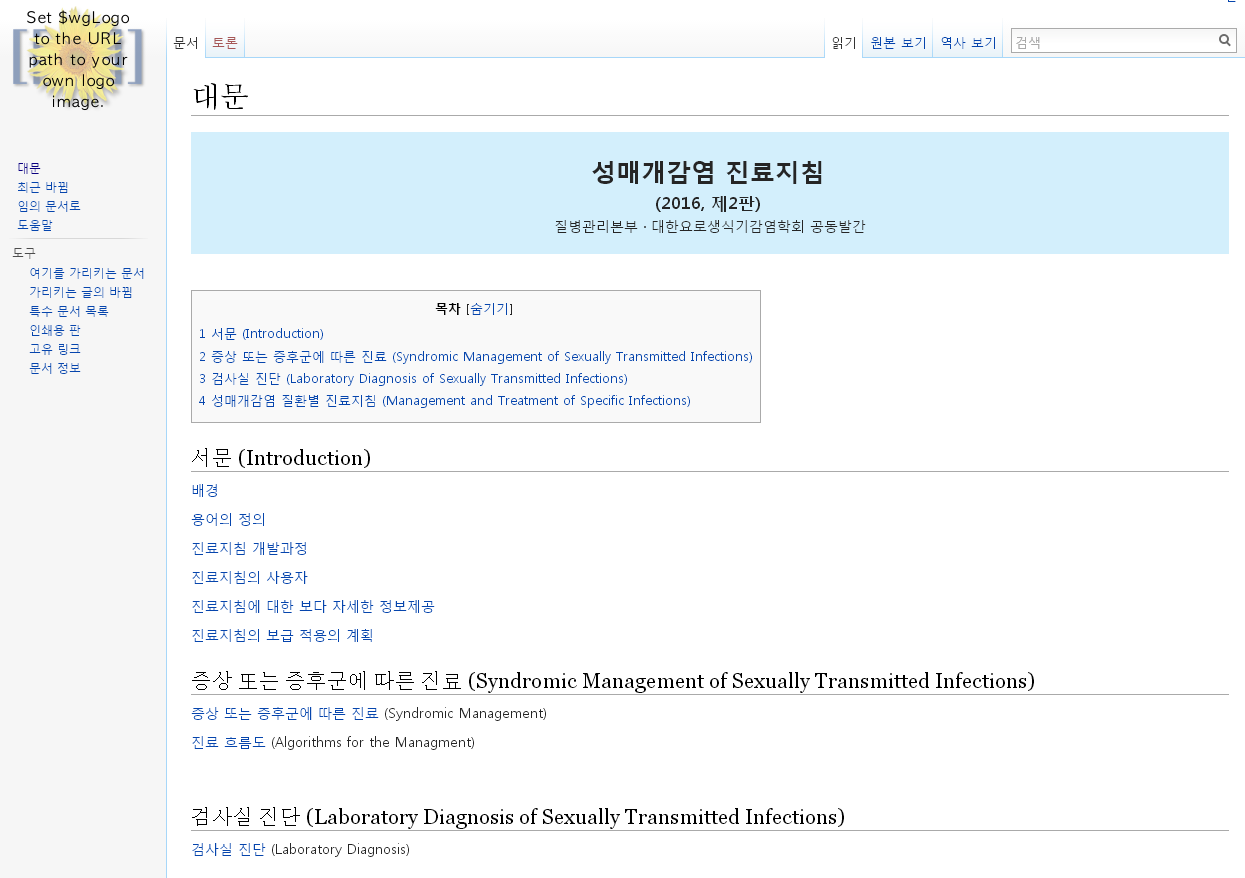 성매개감염 진료지침 홈페이지 화면