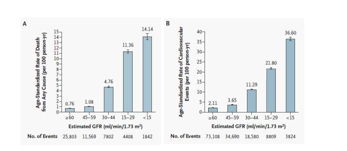 Age-standardized rates of death from any cause (A) and cardiovascular events (B) (Go 등. NEJM 2004)