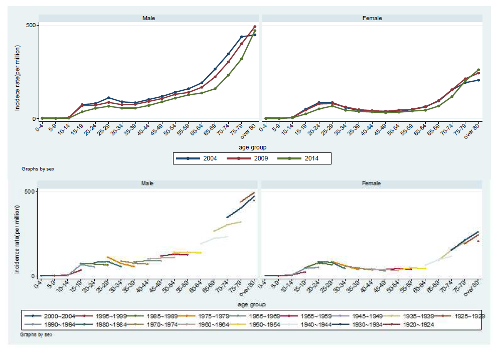 2004-2009-2014년 성별 연령군별 폐결핵 발생률과 연령-기간-코호트 분석
