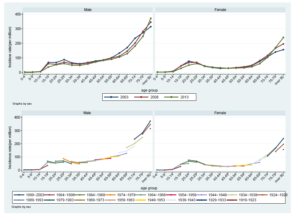 2003-2008-2013년 성별 연령군별 폐결핵 신환자 발생률과 연령-기간-코호트 분석